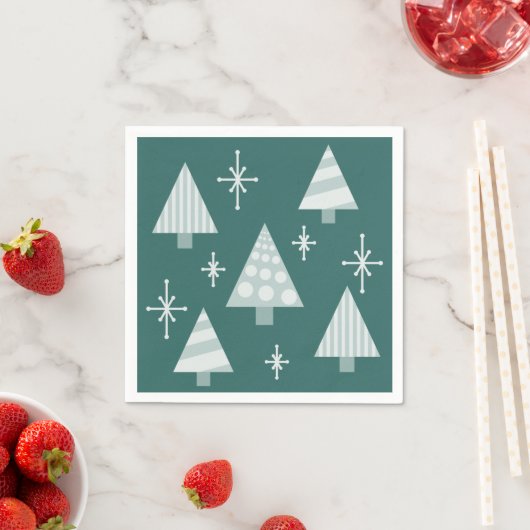 Serviette En Papier Retro 1950 Arbres de Noël Vert Turquoise (En situation)