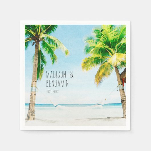 Serviette En Papier Retro Blue Ocean Beach Palm Trees Mariage tropical (Devant)