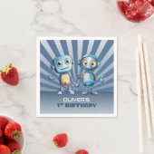 Serviette En Papier Retro Blue Robot Thème 1er anniversaire (En situation)