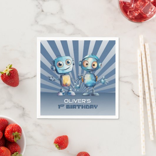 Serviette En Papier Retro Blue Robot Thème 1er anniversaire (En situation)
