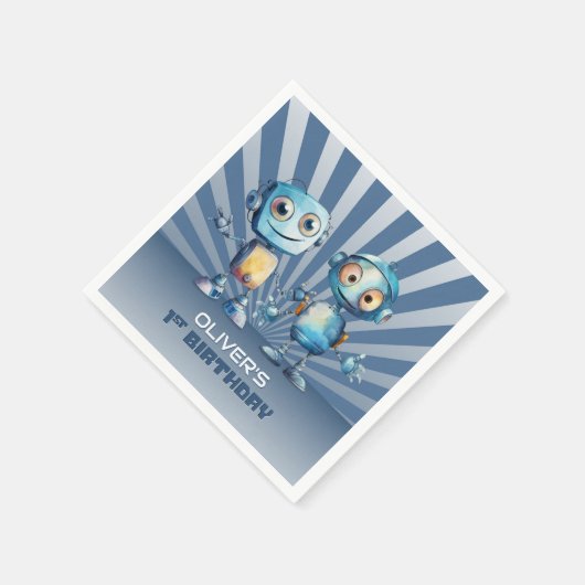 Serviette En Papier Retro Blue Robot Thème 1er anniversaire (Coin)