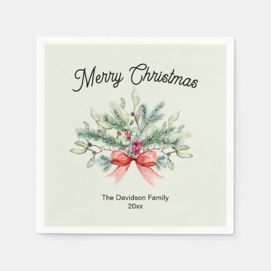 Serviette En Papier Retro Calligraphie Joyeux Noël Famille Verdure (Devant)