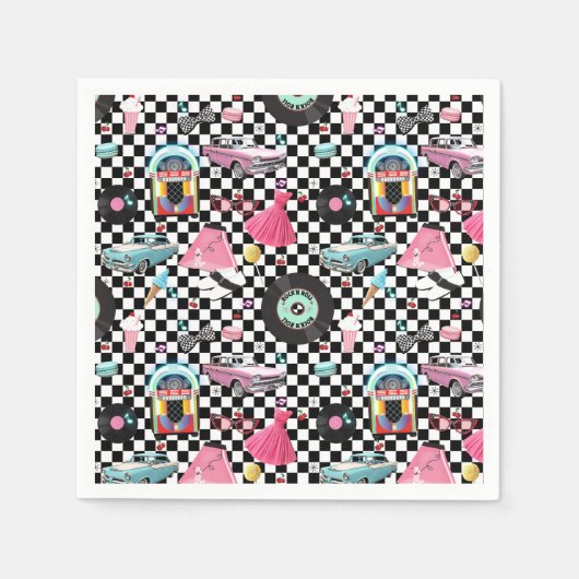 Serviette En Papier Retro Checker 50's Cinquante Thème Anniversaire (Devant)