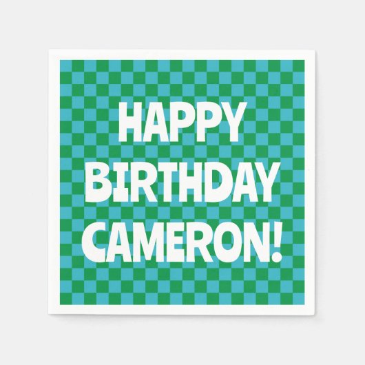 Serviette En Papier Retro Checkerboard Blue Green Personnalisé Anniver (Devant)