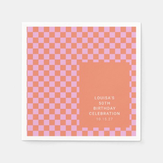Serviette En Papier Retro Checkerboard rose Orange Personnalisé Annive (Devant)