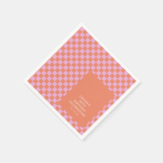 Serviette En Papier Retro Checkerboard rose Orange Personnalisé Annive (Coin)