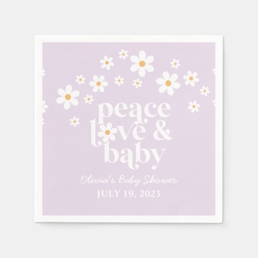 Serviette En Papier Retro Daisy boho Peace Love Baby shower lilas (Devant)
