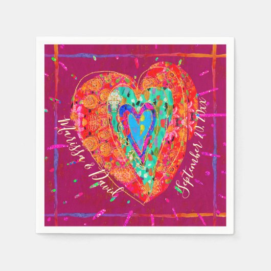 Serviette En Papier Rétro Hippie rose Turquoise Coeur Couple Nom Date (Devant)