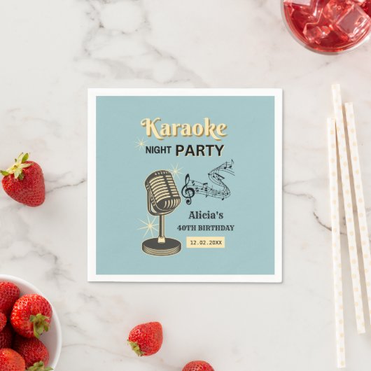 Serviette En Papier Retro Karaoke Night Party Turquoise & Crème Annive (En situation)