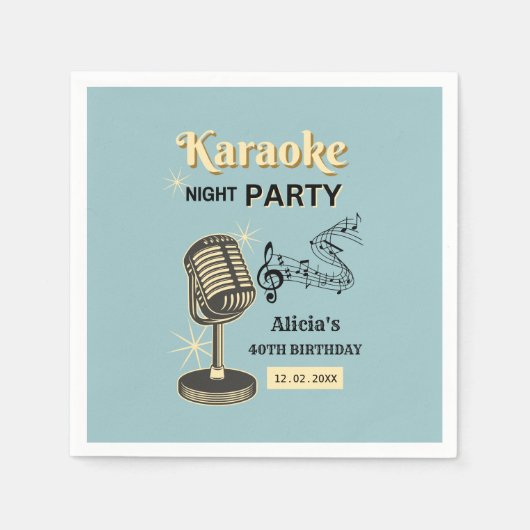 Serviette En Papier Retro Karaoke Night Party Turquoise & Crème Annive (Devant)