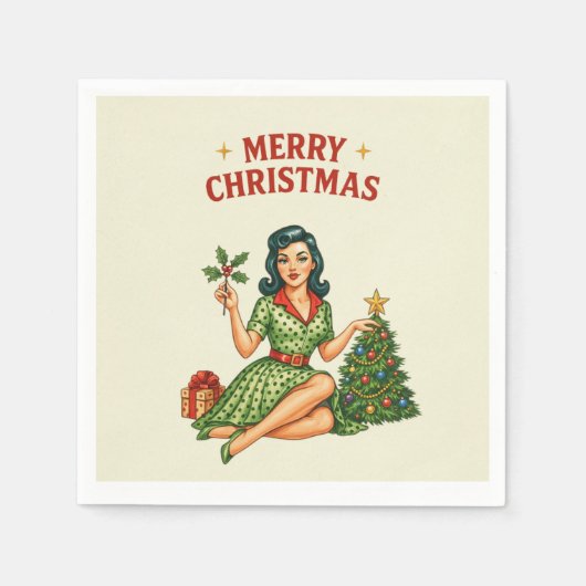 Serviette En Papier Retro Merry Christmas Pin-Up Paper Napkin  (Devant)