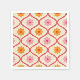 Serviette En Papier Retro Orange and Pink flowers on Ogee Pattern 