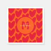 Serviette En Papier Retro Orange Super Red Hearts Nom sur Monogramme (Devant)