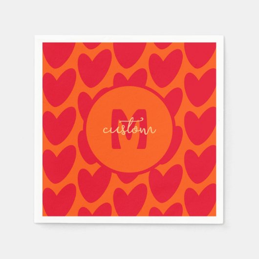Serviette En Papier Retro Orange Super Red Hearts Nom sur Monogramme (Devant)