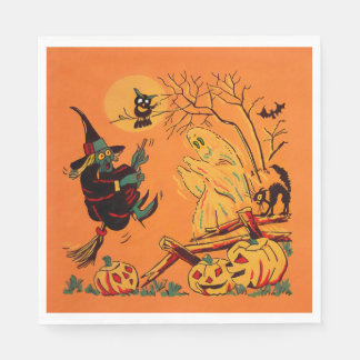 Serviette En Papier Retro Orange Witch Halloween 