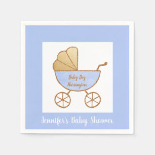 Serviette En Papier Retro Pastel Blue Blanc Carriage bébé garçon douch