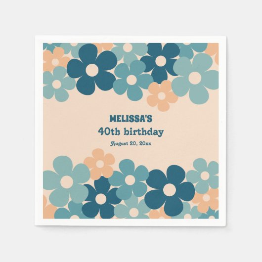 Serviette En Papier Retro Peach Green Boho Flower 40th Birthday (Devant)