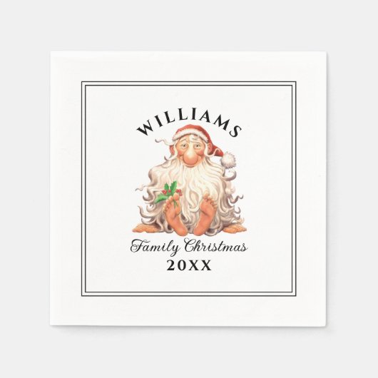 Serviette En Papier Retro Père Noël Famille Noël avec nom et année (Devant)