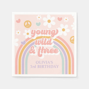 Serviette En Papier Retro Rainbow Young Wild Three 3e anniversaire
