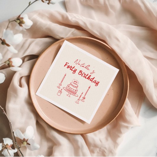 Serviette En Papier Rétro Rouge 40ème Main tiré gâteau Quarante Annive