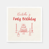 Serviette En Papier Rétro Rouge 40ème Main tiré gâteau Quarante Annive (Devant)