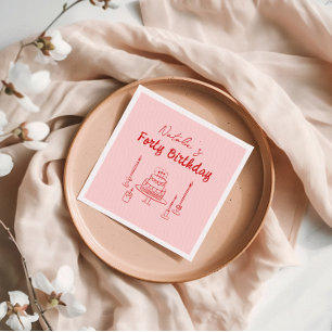 Serviette En Papier Rétro Rouge rose 40ème Main tiré gâteau Quarante A