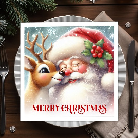 Serviette En Papier Retro Santa Rudolph Xmas Party Table Napkins