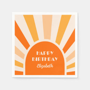 Serviette En Papier Retro Sunburst Arch Typographie Anniversaire Pêche