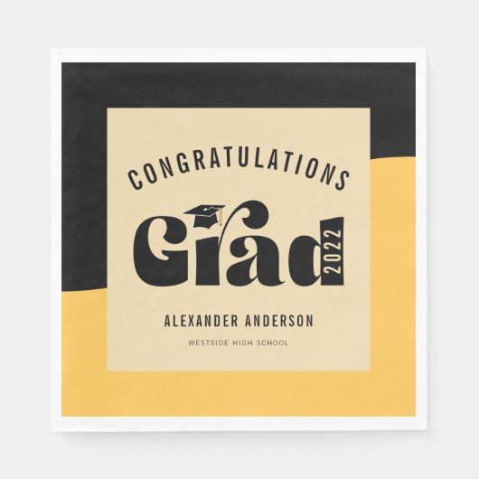 Serviette En Papier Retro Texte Lumière Or et noir Graduation (Devant)