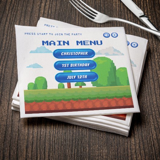 Serviette En Papier Retro Video Game Menu 1ère fête d'anniversaire