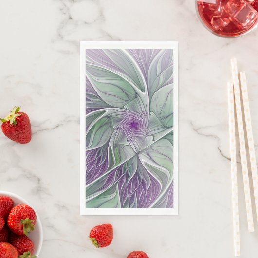 Serviette En Papier Rêve de fleurs, Abstrait violet vert Fractal Art (En situation)