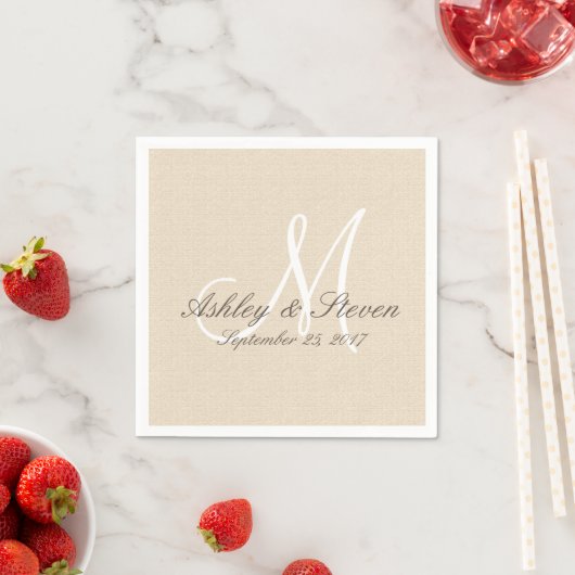 Serviette En Papier Revêtement de lin rustique avec Monogramme blanc (En situation)