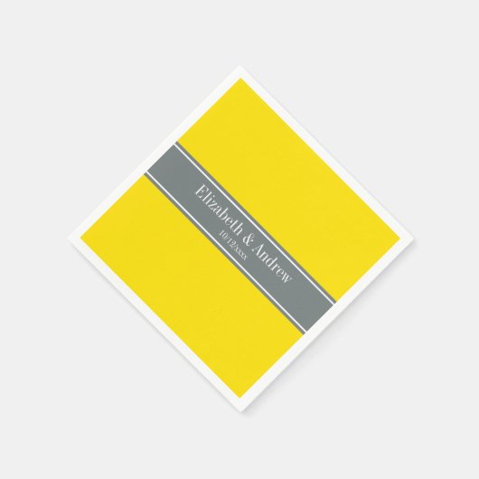 Serviette En Papier Ribbon jaune uni, gris charbon Nom Monogramme (Coin)