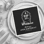 Serviette En Papier RIP 20s Black White 30th Birthday Party<br><div class="desc">Des serviettes funéraires funéraires pour le 30e anniversaire,  ornées d'un arrière - plan noir élégant,  une pierre tombale qui dit "RIP 20's",  le nom,  l'âge et la date des personnes.</div>