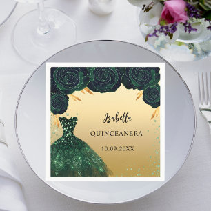 Serviette En Papier Robe en or vert émeraude Quinceanera