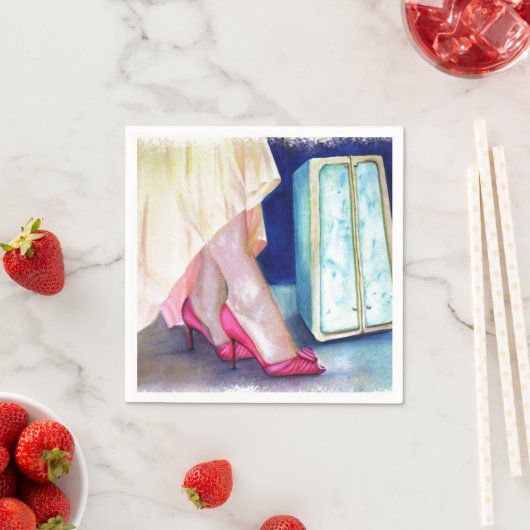 SERVIETTE EN PAPIER ROBE JAUNE, CHAUSSURES ROUGES PAPIER NAPKINS (En situation)