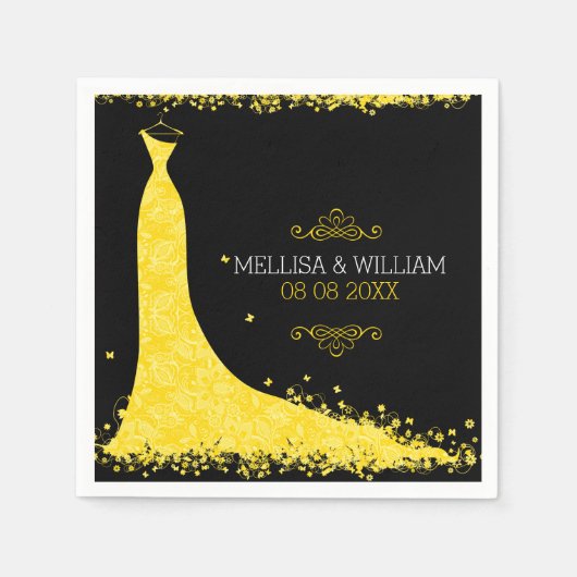 Serviette En Papier Robe Mariage jaune et Arrière - plan noir (Devant)