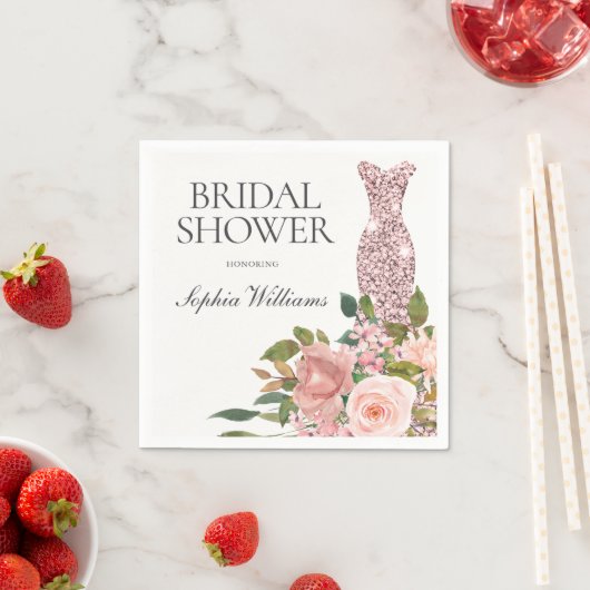 Serviette En Papier Robe rose or & Fête des mariées de Fleurs Roses Bl (En situation)