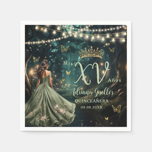 Serviette En Papier Robe verte de la forêt enchantée Quinceañera XV (Devant)