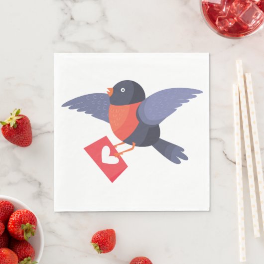 Serviette En Papier Robin Bird Flying with Red Heart Love Letter (En situation)