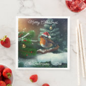 Serviette En Papier Robin Père Noël sur mesure sur une serviette d'arb (En situation)