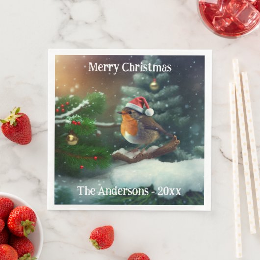 Serviette En Papier Robin Père Noël sur mesure sur une serviette d'arb (En situation)