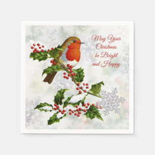 Serviette En Papier Robin vintage, houx, flocon de neige