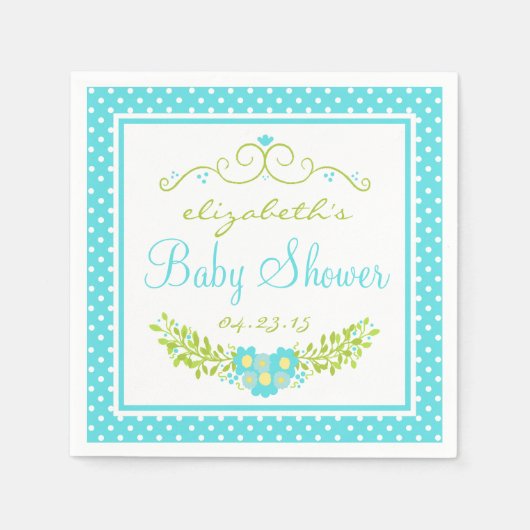 Serviette En Papier Robins Baby shower Bleu Oeuf - Floral (Devant)