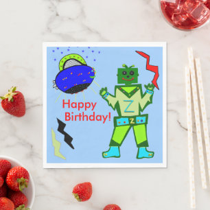 Serviette En Papier Robot Garçon Mignon Bateau Spatial Bleu Anniversai