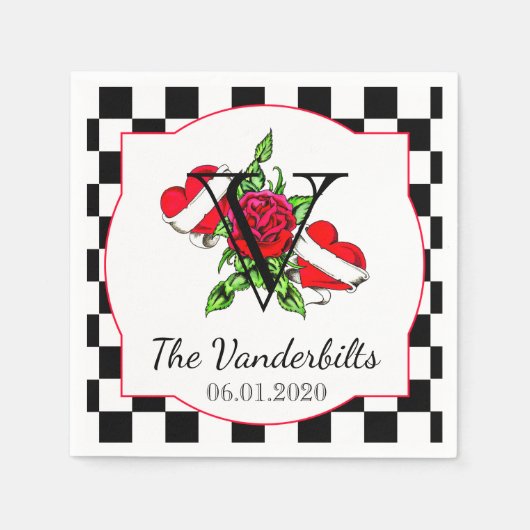 Serviette En Papier Rockabilly Coeurs et Mariage Rose Napkin (Devant)