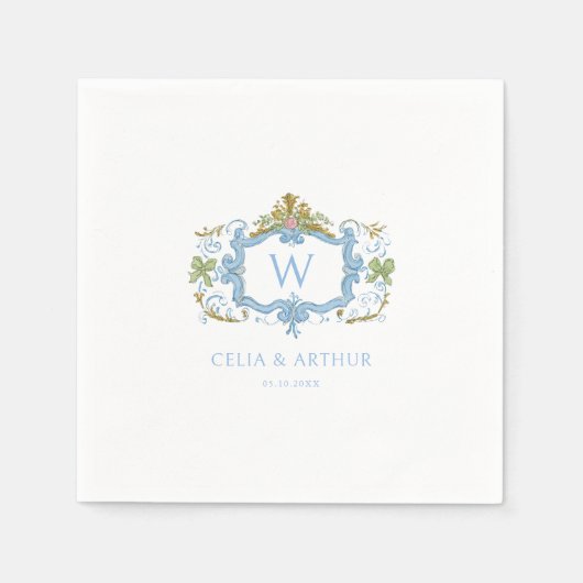 Serviette En Papier Rococo Blue Monogram Crest Wedding (Devant)