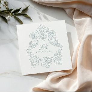 Serviette En Papier Rococo Crest Monogramme Dusty Blue Mariage Logo