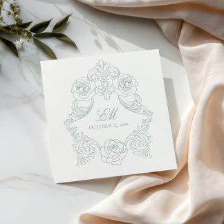 Serviette En Papier Rococo Crest Monogramme Dusty Blue Mariage Logo