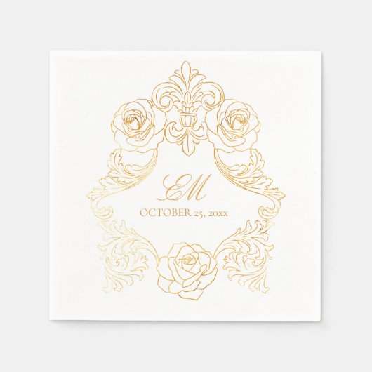 Serviette En Papier Rococo Crest Monogramme Golden Foil Mariage Logo (Devant)